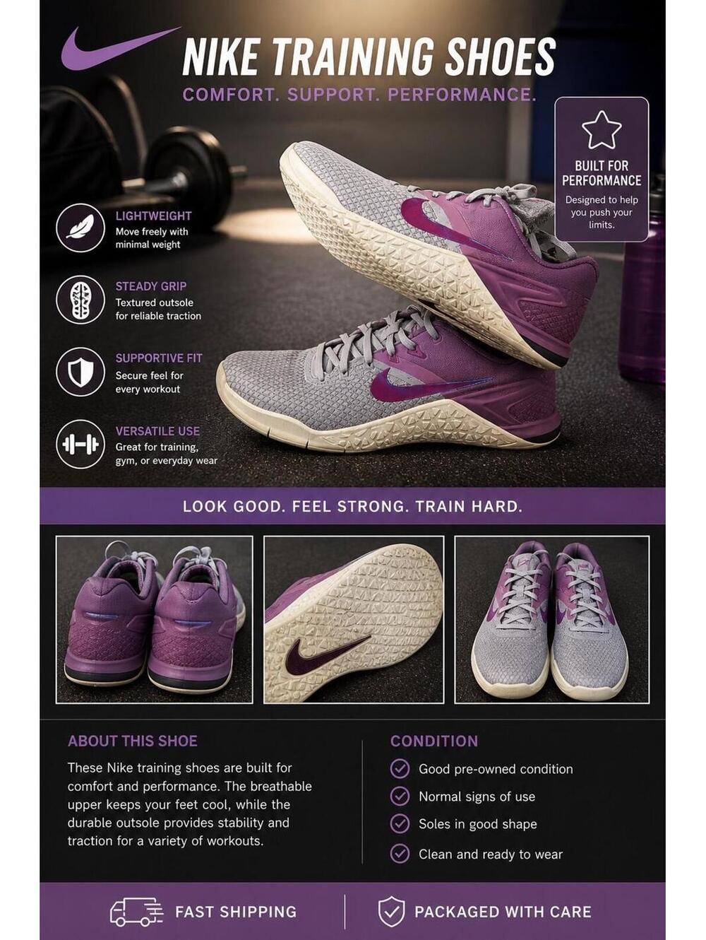 Nike Training Shoes – Gray & Purple Athletic Sneakers Size 11